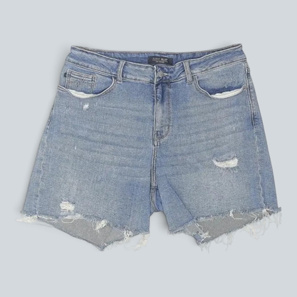 Judy Blue High Rise Distressed Cutoff Denim Shorts 1X Stretch Raw Hem